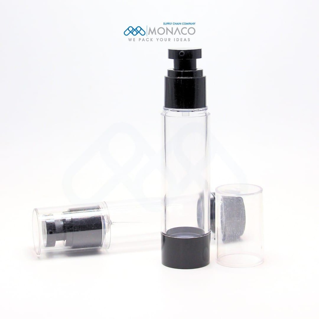 Airless Bottles 50 ML Transparent With Black Pump and Black Bottom and Transparent Cap
