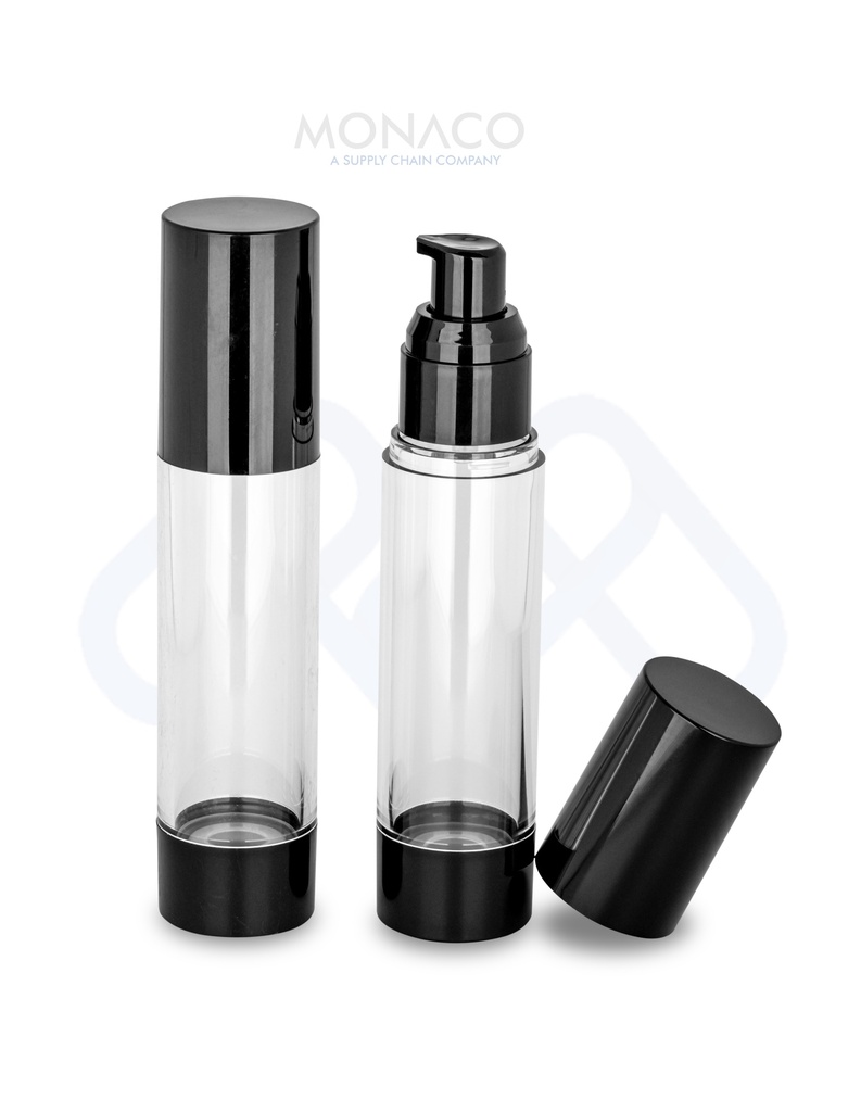 Airless Bottle 50 Ml Transparent, Black Pump and Black Cap