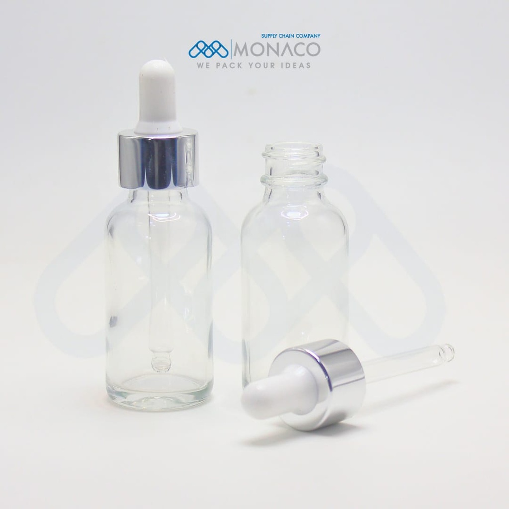 Transparent Boston Bottle 30 Ml with Alu Silver Dropper - 7.7 CM