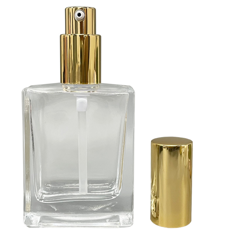 Transparent Bottle Square 50 Ml with Alu Gold Mist Cream Pump and Alu Gold Cap - Shimiring