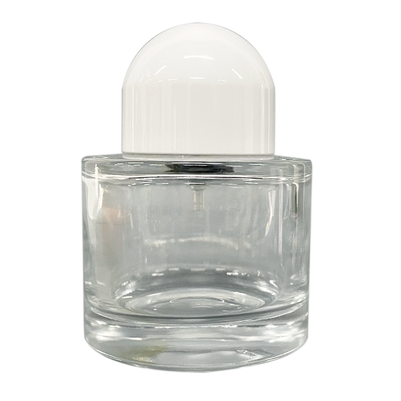 Glass Perfume Bottle 50 Ml Transparent Round weight 120~140 gm With Silver Sprayer Easy Lock and Round White Cap