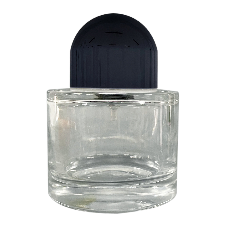 Glass Perfume Bottle 50 Ml Transparent Round weight 120~140 gm With Silver Sprayer Easy Lock and Round Black Cap