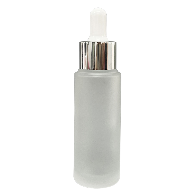 Glass Serum Bottle 50 Ml Frosted (CT-JL04) with White / Silver Dropper and Glass Tube 9 CM