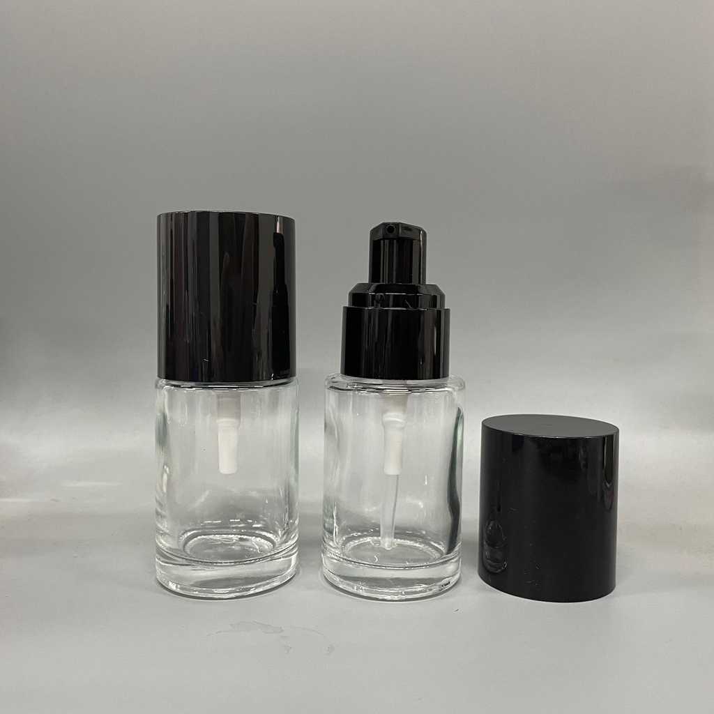 Glass Bottle 30 Ml Transparent Round With Black Pump and Black Cap