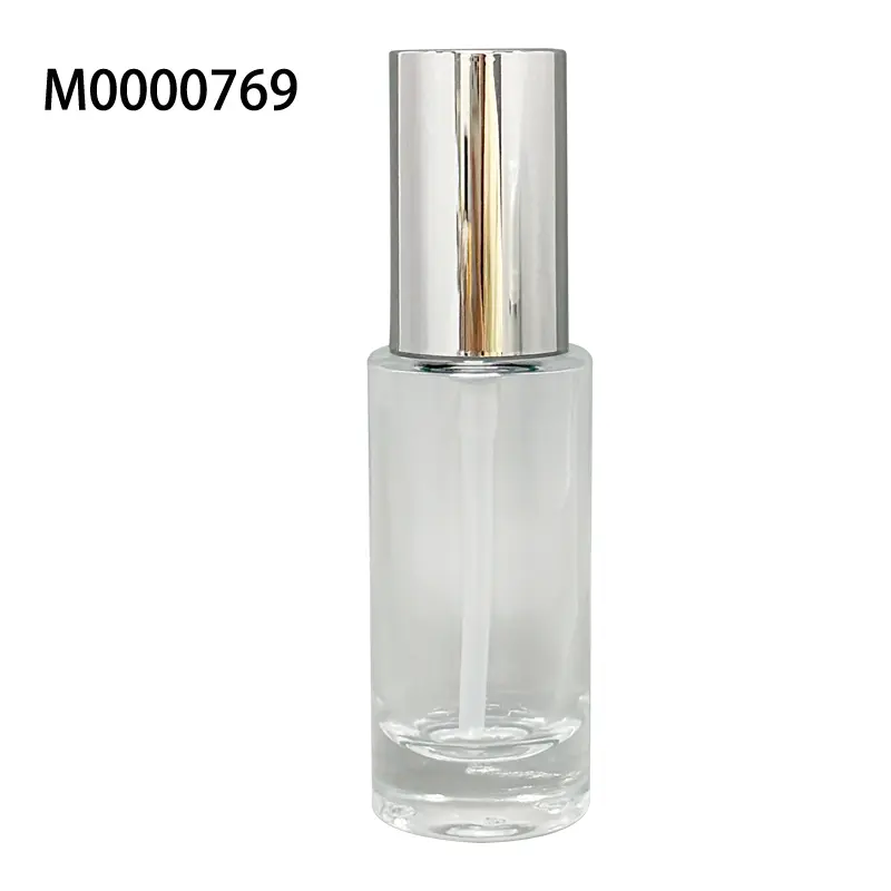 Glass Bottle Round Thick 30 Ml Transparent With White Cream Pump and Long Silver Cap - SKINSIDE FOUNDATION