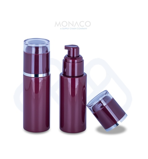 [M0000133] Glass Bottle Round 50 Ml Dark Red - Pump and Cap With Silver Ring