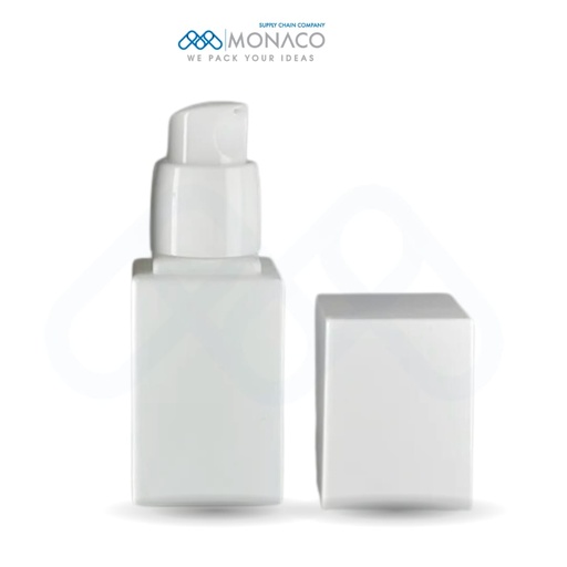 [M0000111] Glass Bottle Square White 20 Ml With White Pump and Cap