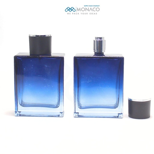 [M0000025] Perfume Bottle 100 Ml Dark Blue Square, Silver Sprayer, Black Cap