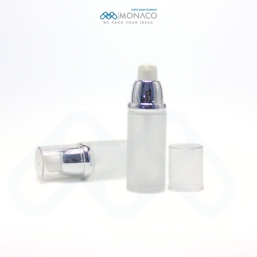 [M0000312] Glass Bottle Round Frosted 30 Ml With Silver Serum Pum and Crystal Cap - Rege
