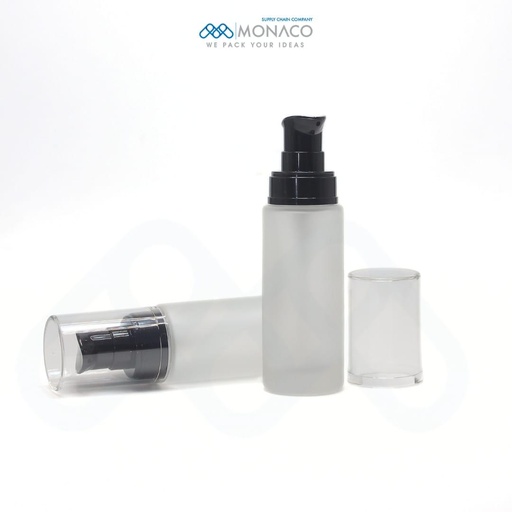 [M0000316] Glass Bottle Frosted Round 30 Ml With Black Pump and Transparent Cap - Kolagra
