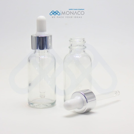 [SET000002] Transparent Boston Bottle 30 Ml with Alu Silver Dropper - 7.7 CM