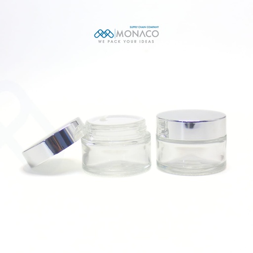 [SET000026] Glass Jar Transparent CT-GC02 30 Ml - Inner White Lid - Silver Cap UV