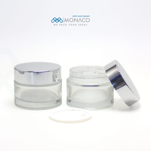 [SET000024] Glass Jar Transparent CT-GC02 50 Ml - Inner White Lid - Silver Cap UV