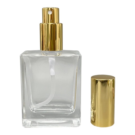 [M0000260] Transparent Bottle Square 50 Ml with Alu Gold Mist Sprayer and Alu Gold Cap - Dry Oil