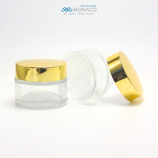 [M0000163] Glass Jar Transparent 50 Ml - Ripped Bottom - White Lid - Light Gold Cap