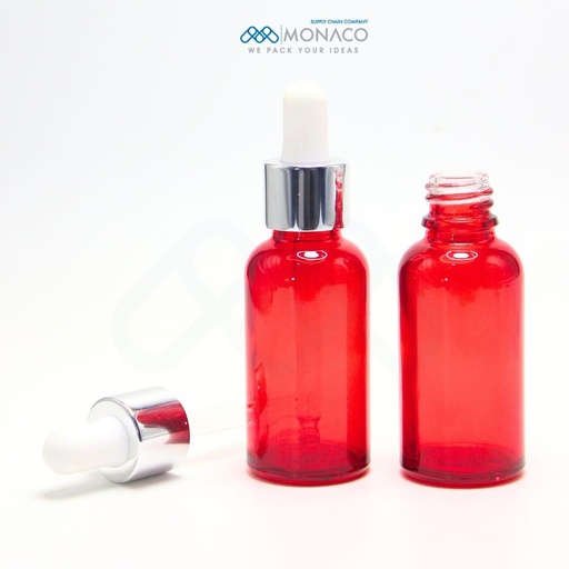 [M0000063] Oil Bottle Semi Transparent Red Neck 18 With White/Silver Dropper - Clary Booster Shots