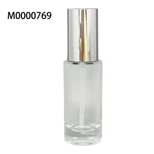 [M0000769] Glass Bottle Round Thick 30 Ml Transparent With White Cream Pump and Long Silver Cap - SKINSIDE FOUNDATION