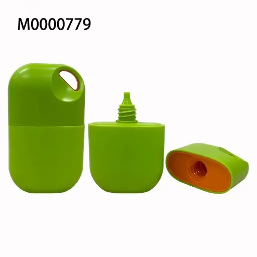 [M0000779] PE Rectangle Squeezed Bottle 50 ML With Nozzle and Cap Pantone  376 C With Side Key Hole - Inner Cap Pantone Orange 016 C