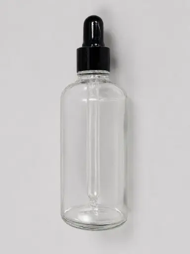 [M0000873] Glass Bottle Transparent 100 Ml Oil With Black Metal Dropper with Glass Tube and Wiper